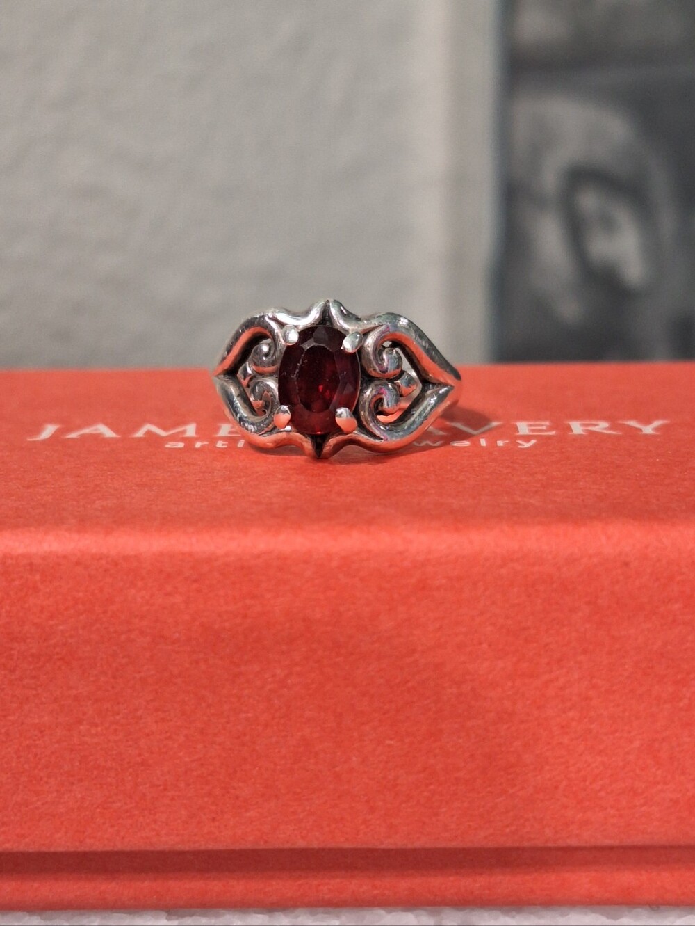 James Avery Vintage-Inspired Garnet Red Stone Silver Scroll Ring
